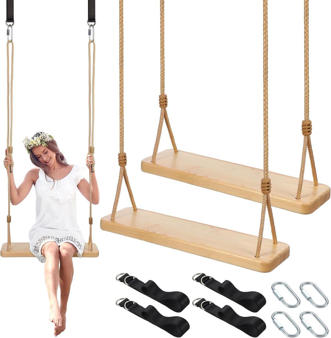 Hollowfly 2 Pcs Wood Swing Seat Carbonized Hanging Wood Tree Swing with Adjustable Rope Anticorrosive Waterproof 440lbs Load for Indoor Outdoor Garden Yard Backyard 24 x 6.3 x 1.42 Inch(Vivid Style)