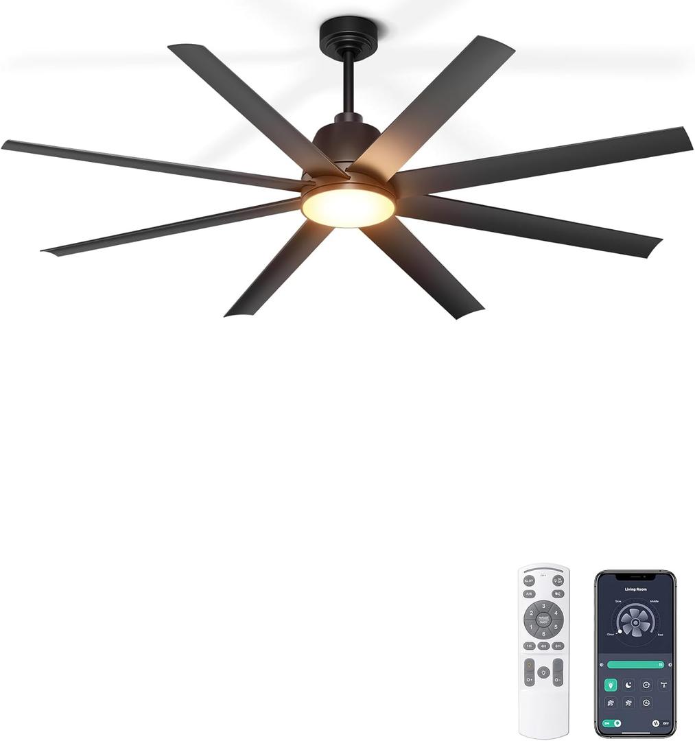 Ceiling Fan with Lights, 65'' Outdoor Ceiling Fan with Remote & APP Control, Dimmable, Black Modern Ceiling Fans for Patio Living Room Garage Shop (65 Inch 8 Blades) Ceiling Fan with Lights, 65'' Outdoor Ceiling Fan with Remote & APP Control, Dimmable, Black Modern Ceiling Fans for Patio Living Room Garage Shop (65 Inch 8 Blades)