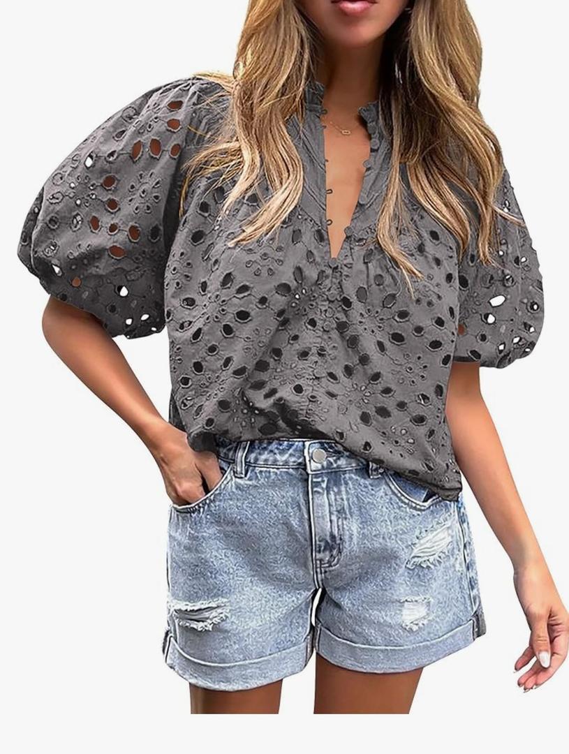 PRETTYGARDEN Women's Summer Tops 2026 Dressy Casual Short Sleeve V Neck Buttons Hollow Eyelet Lace Embroidered Blouses Shirts, XXL