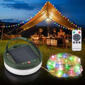 Anpro Solar Camping String Lights 4 in 1, 32.8Ft Ultra Long Multi-Color LED String, 3600mAh Solar Powered and USB Rechargeable Light with Remote Control, Portable Camping Light for Hiking, Decoration