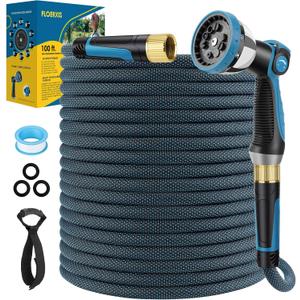 Non-Expandable Garden Hose 100 FT, Lightweight Hose with 10 Function Spray Nozzle, Kink-Free Flexible Water Hose, Durable, Leak-Proof, 360 Swivel Connectors, Portable Storage Strap