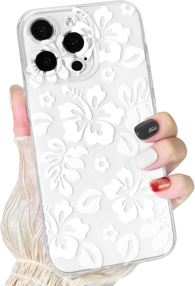 Lovmooful Compatible for iPhone 15 Pro Max Case Cute Clear Hibiscus Flower Floral Aesthetic Printed Design for Girls Women Soft TPU Shockproof Protective Girly for iPhone 15 Pro Max-White