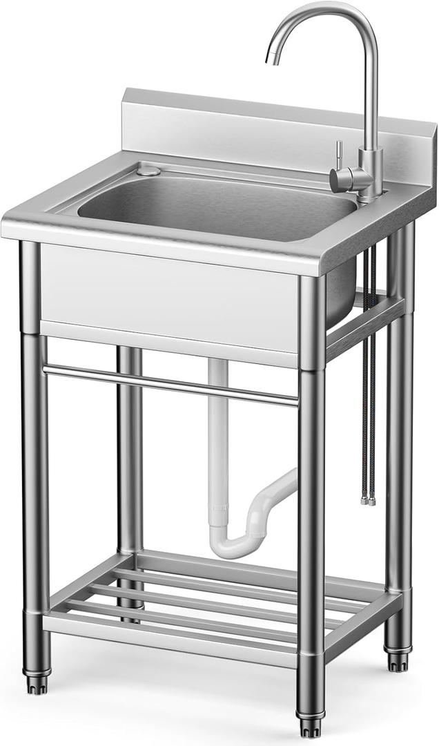Utility Sink Free Standing Single Bowl Kitchen Sink with Cold and Hot Water Pipe Stainless Steel Sink for Garage Shop Laundry Room Farmhouse Mens Gifts Ourdoor Indoor, 23 Inch Stainless Steel