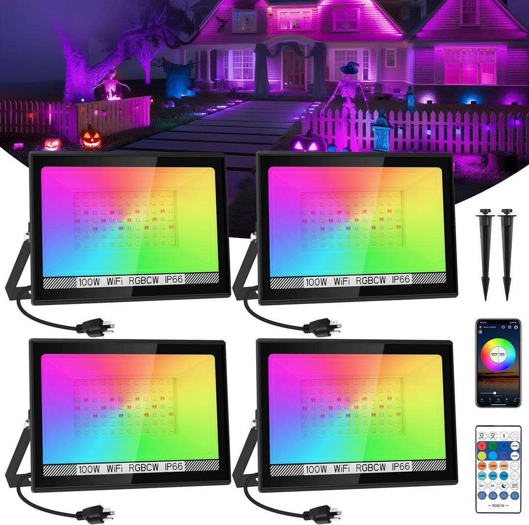 T-SUN RGB Flood Lights Outdoor, 1000W Equivalent Color Changing Landscape LED Light with APP & WiFi & Remote Control, Waterproof Floodlight with 16 Million Colors, Timing, Music Sync (100W-4Pack)