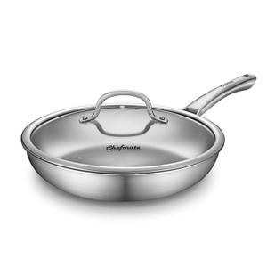 10 inch Tri-Ply Stainless Steel Frying Pan with LID,PFOA&PTFE Free Skillets,Chef's Pans,Dishwasher and Oven Safe Cookware, Works on Induction,Ceramic and Gas Cooktops