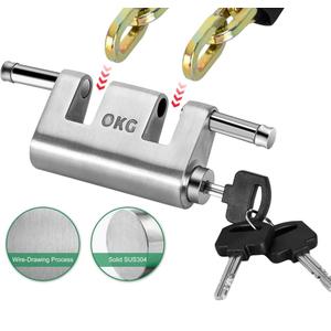 OKG Ultra Secure Stainless Steel Lock - Heavy Duty Solid Cast Padlock - 3 Keys, 2 Rods, 7/16" Shackle, Push Cylinder, Rust Proof Outdoor Lock - Combo Security Chain for 2-Wheeled Vehicle (No Chain)