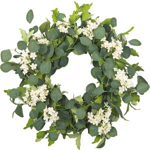 24" Spring Summer Wreaths for Front Door, Artificial Green Eucalyptus White Flower Cherry Blossom Grapevine Base for Farmhouse Porch Wedding Outdoor Indoor Year Round Home Decor