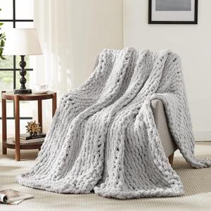 L'AGRATY Chunky Knit Chenille Blanket, 50x60, Grey, Modern Bohemian Pattern, Handcrafted Throw Blanket for Home, Travel, Camping