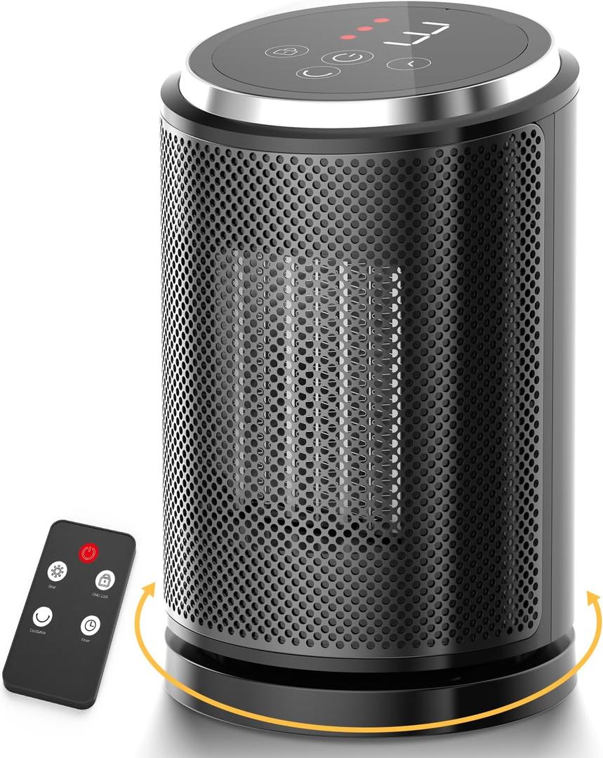 QQT 1500W Ceramic Space Heater with Thermostat, Remote Control,12H Timer,70 Oscillation - Portable Desktop Electric Heater with High-Res Touchscreen,Child Lock for Bedroom,Office, Indoor Use,Black