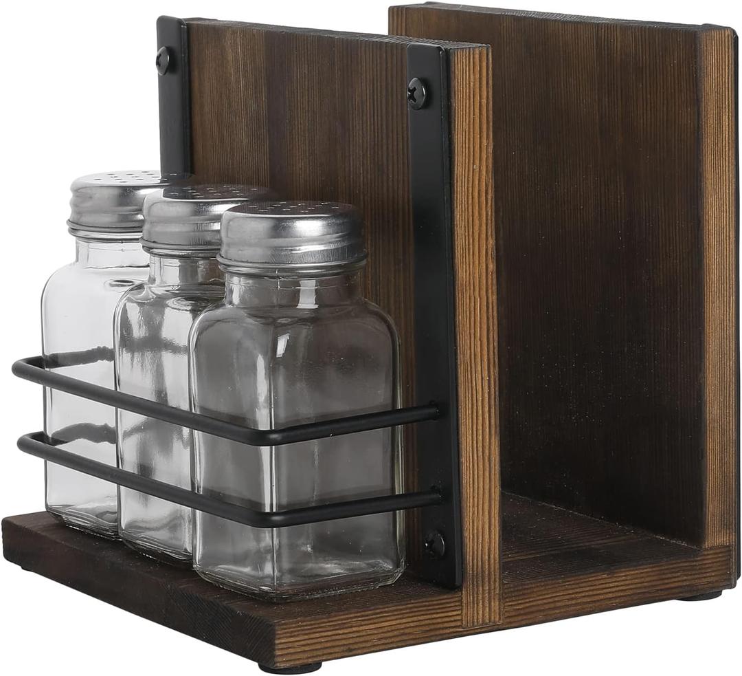 MyGift Napkin Holder with Salt and Pepper Shakers Set, Wood Tabletop Napkin Dispenser with Condiment Organizer and 3 Glass Shakers, Rustic Kitchen Dcor