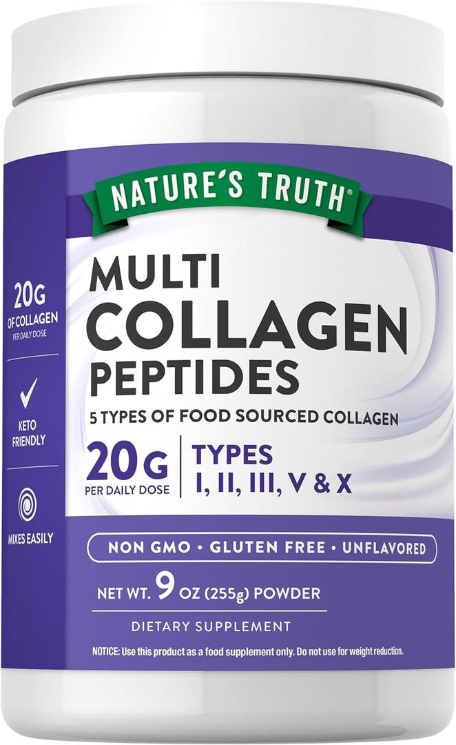 Nature's Truth Multi Collagen Peptide Powder | 9 oz | Type I, II, III, V, X | Unflavored | Non-GMO & Gluten Free Supplement, Best By 01, 2027