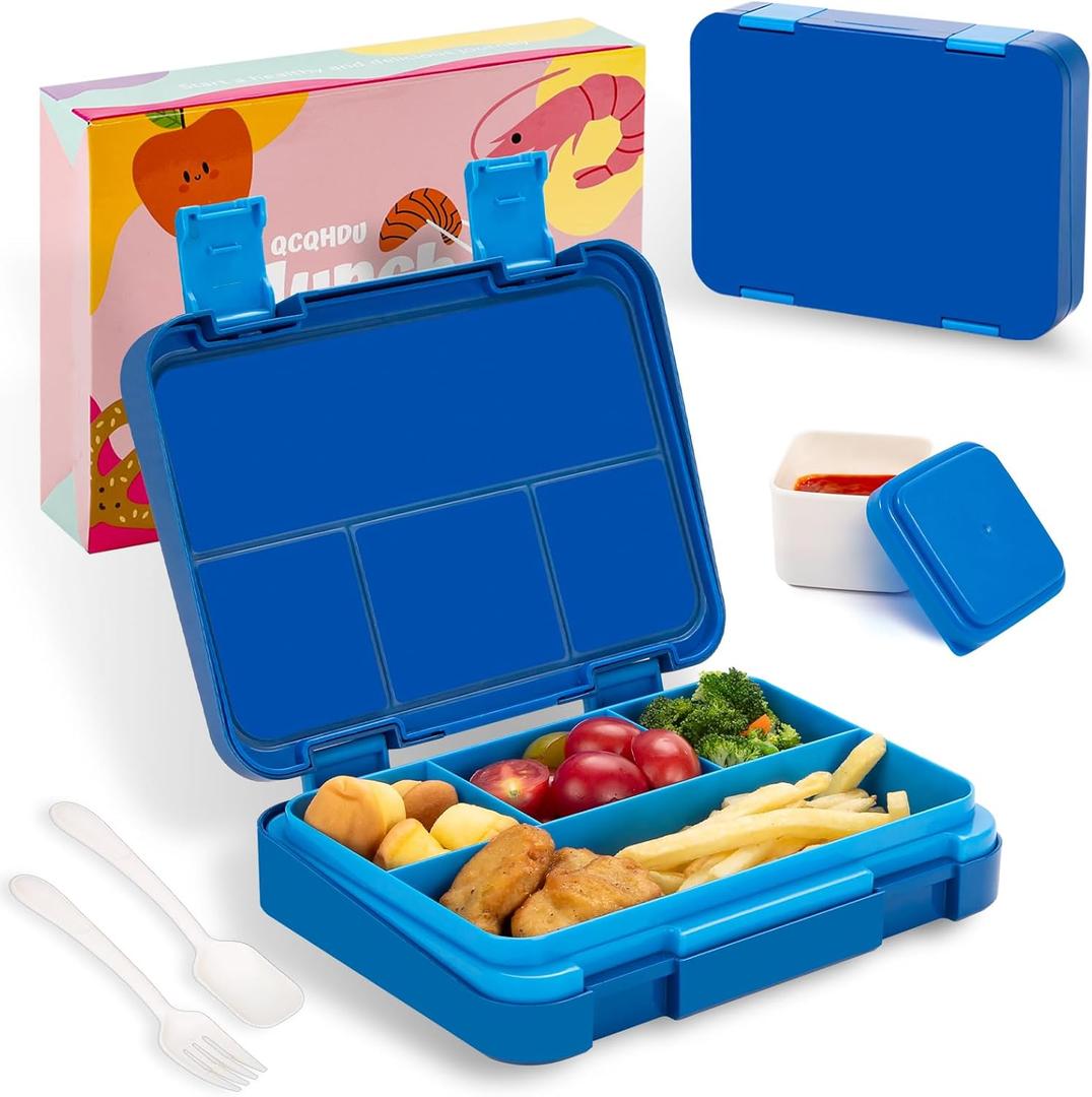 2 x QCQHDU Bento lunch Box for Kids-4 Compartment1300ml Heated Lunch Containers for AdultsSchool,Work,Picnics with Sauce Vontainers,Microwave & Dishwasher & Freezer Safe,BPA-Free(Blue)