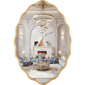 20 * 30 Inch Brushed Gold Oval Ripple Bathroom Mirror Wall Mounted Large Modern Countryside Suitable for Washroom, Bedroom, Living Room, Entryway
