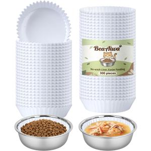 Bulk Disposable Cat Bowls Set (300 Pcs Cat Food Bowl liners + 2 Pcs Stainless Steel Pet Bowls) Disposable Pet Food Bowls for Puppy Kitten Small Dogs Cats Small Paper Bowls for Dry and Wet Food (White)