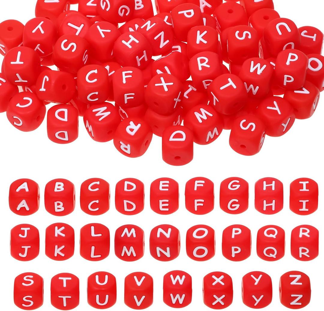 Tupalizy 12mm Silicone Letter Beads A-Z Square Alphabet Beads Cube Charms for Bracelets Keychains Necklaces Lanyards Jewelry Making Pens DIY Stringing Crafts Pojects Party Favors Gifts,78PCS,Red