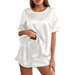 LYANER Women's Satin Silky Pajama Set Short Sleeve T-shirt With Shorts Set PJ Loungewear
 XXLarge