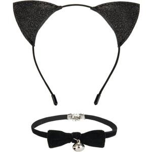 JIALWEN Cat Ears Headband with Bell Collar Set Black Cat Halloween Costume Accessories for Women Girls Party Cosplay Dress Up for Adult