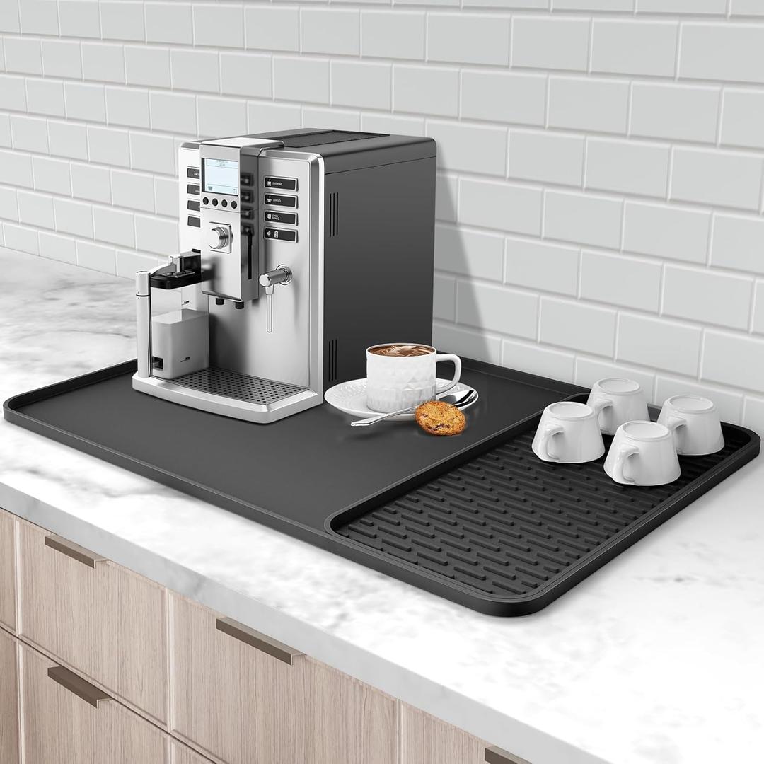 Silicone Coffee Mat, 24''x16'' Bar Mat with Detachable Dish Drying Mat - Fits Under Coffee Maker & Dish Rack (Black)
