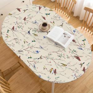 Horaldaily Spring Fitted Tablecloth 68 x 48 Inch Oval, Spring Colorful Birds Branch Beige Washable Table Cover Elastic Edged for Dinning, Picnic, Camping, Banquet
