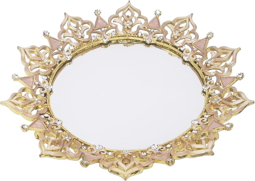 Vanity Tray, Ring Holder Jewelry Ornate Dish, Metal Decorative Makeup Tray for Vanity, Dresser, Bathroom, Bedroom (Pink)