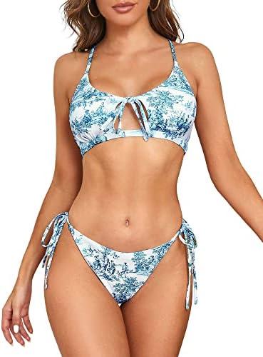 ZAFUL Ribbed Twisted Front Bikini Set for Women Cute Scoop Neck Textured Two Piece Swimsuits Sport Tank Bathing Suit, Size 4
