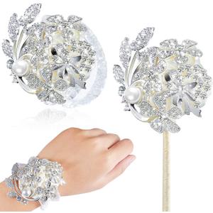Yunsailing 2 Pcs Rhinestone Wrist Corsage and Boutonniere Set - Artificial Flower Corsage Wristlet for Wedding Prom Homecoming Bridesmaid Bridal Shower Anniversary Formal Event (Silver Ivory,Pearl)