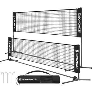 SONGMICS Badminton Net, Height Adjustable Volleyball Net, Pickleball Net for Junior Tennis, Kids, Indoor Outdoor Court, Foldable Nylon Net with Poles 10ft/13ft/16.5ft Wide (Black)