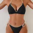 Aidonger Bikini Set for Women Sexy String Two Piece Swimsuit Halter Triangle Shell Stitched Bathing Suit (Black, L)