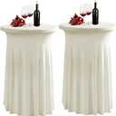 2 Pack Ivory Spandex Stretch Round Table Covers with Skirt - 24x43 Inch Fitted Elastic Cocktail Tablecloth for High Top Bar, Party & Wedding Decor, Ivory