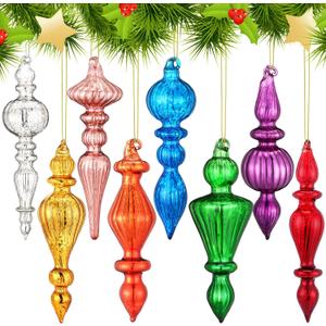 Mifoci 8 Pcs 6 Inch Mercury Glass Finial Christmas Ornaments Hanging Christmas Finials Glass Ornaments Assorted Mercury Decor for Vintage Holiday Xmas Tree Decoration(Mixed Color)