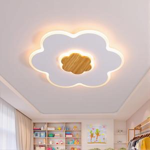 LED Ceiling Light Fixture 15.7in Dimmable Flower Shape Wooden Nursery Light with Remote for Kids Room, Bedroom, Living Room
