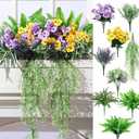 Daifunli 24 Pcs Artificial Plants for Outdoor, Fake Flowers Greenery UV Resistant Faux Plant Stems Shrubs Hanging Porch Patio Garden Window Box Home Wedding Summer Spring Decor(Green Purple)