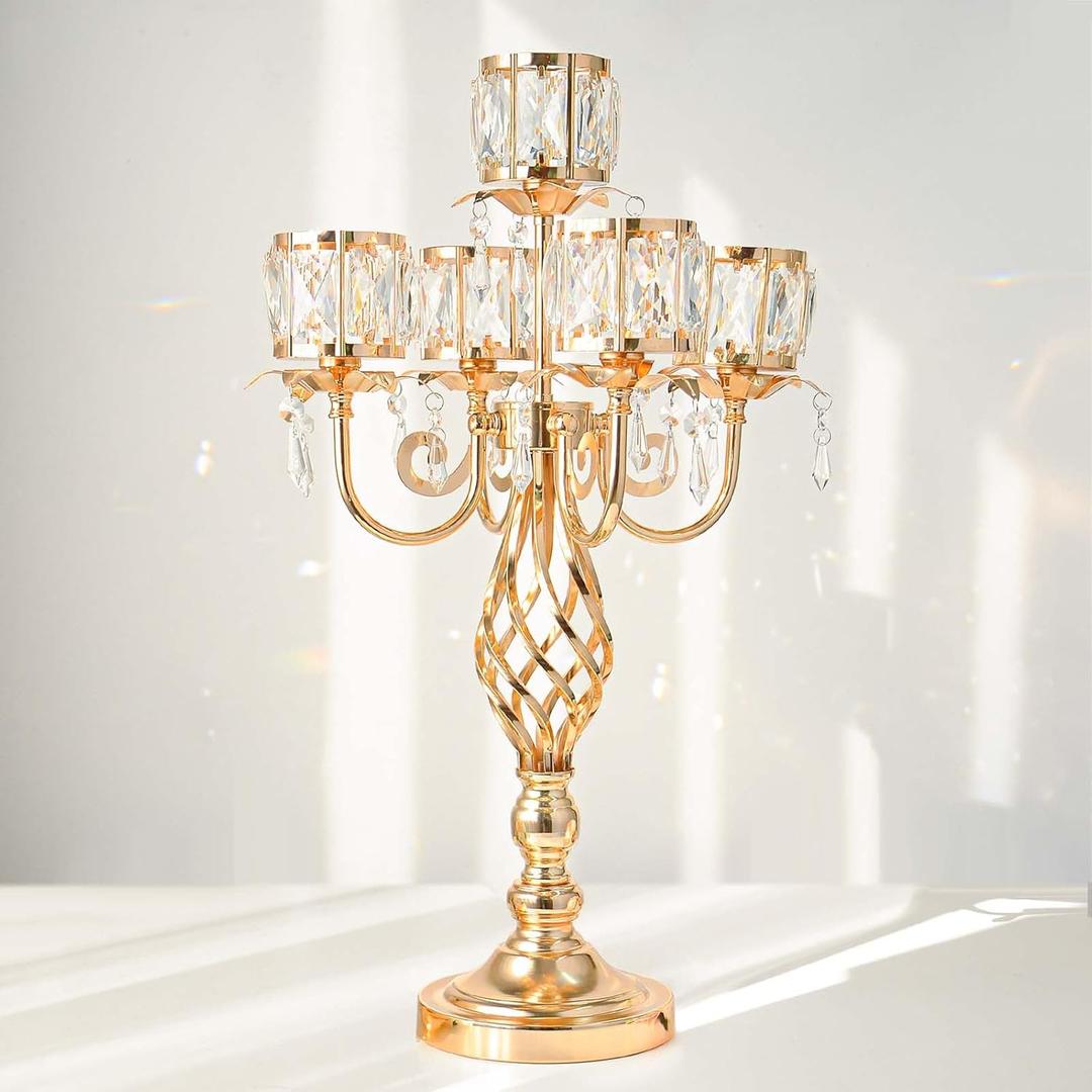 23.2 inch Tall Elegant and Chic 5 Arm Pendant Crystal Candlestick Holder Table Decoration tealight Candle Holder, Candelabra for Gorgeous Wedding/Parties Table Centerpiece (1, Gold)
