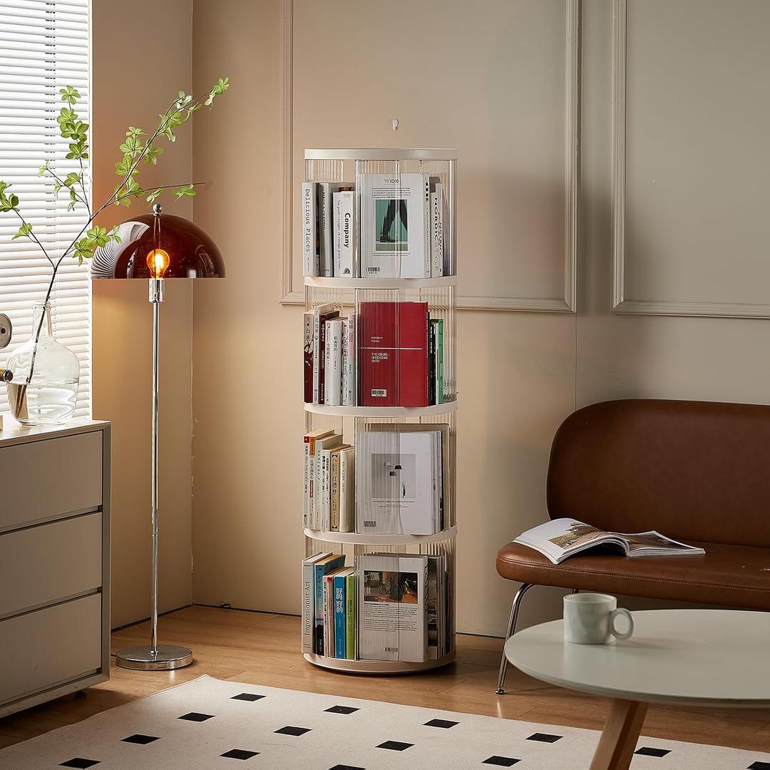RRRICO Rotating Bookshelf,Cylindrical Revolving Bookcase,360 Book Organizer, Clear Acrylic Corner Book Shelf Standing Bookcase (4 Tier)