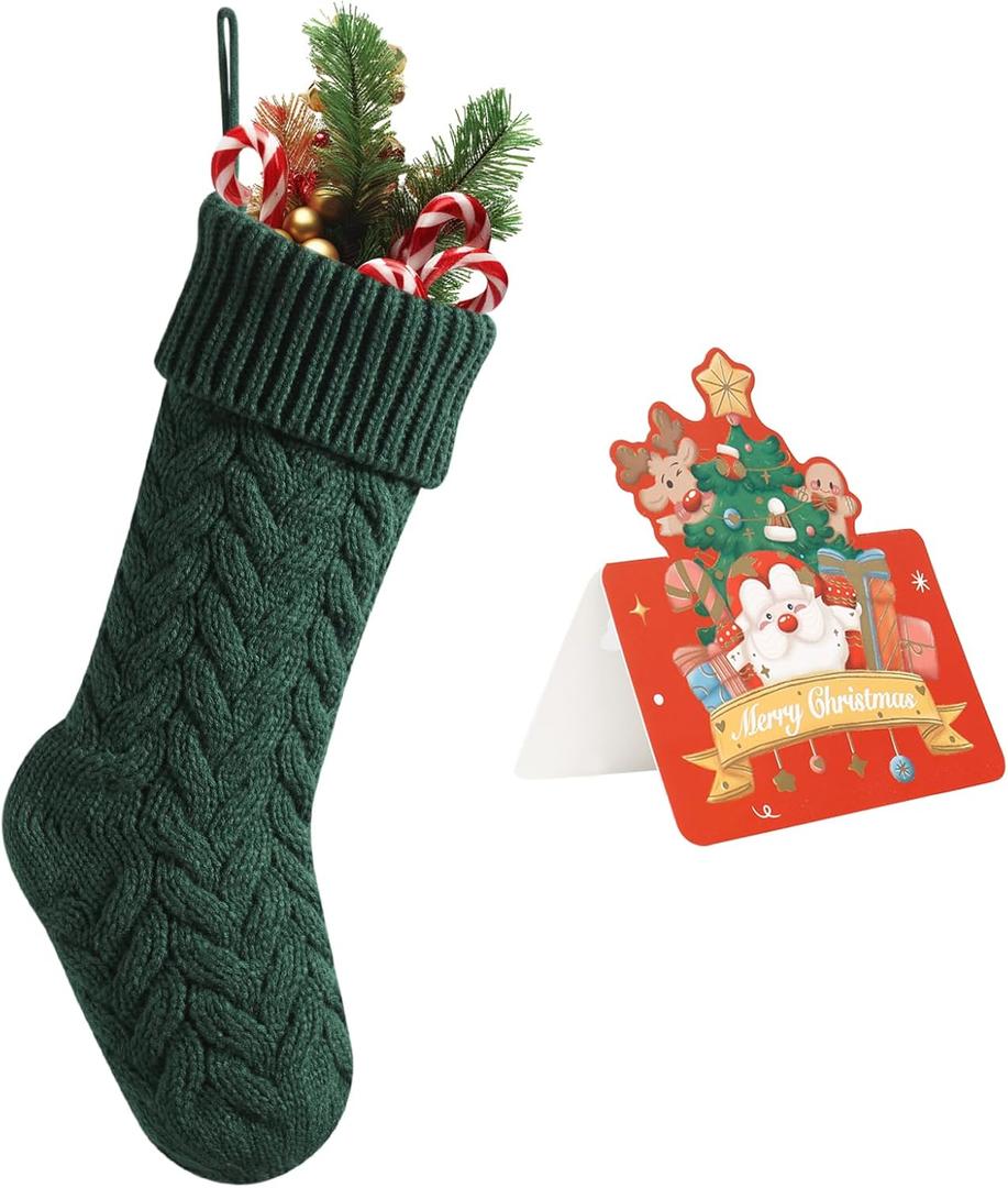 Meioro 18 Inches Christmas Stockings, Large Size Cable Knit Christmas Stocking, Fireplace Hanging Xmas Stocking for Holiday Family Party Decoration With Greeting Card (Green)
