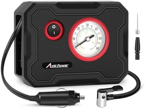AVID POWER 12V Tire Inflator Portable Air Compressor, Portable Car Air Pump w/Display Gauge and LED Light, Air Pump for Car Tires, Bike, Motorcycle, Compact, Lightweight (Black Red)