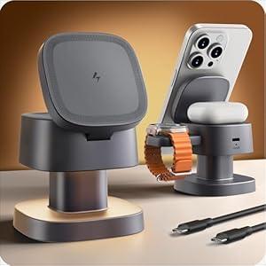 ByteWave 3-in-1 Charging Station for Apple, iPhone MagSafe Charger with 3-Color Light, 15W Max Foldable Wireless Fast Charging for iPhone 17/16/15/14/13/12, Apple Watch, AirPods, Home&Travel Friendly