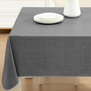 Cafe Hotel Linen Look Vinyl Flannel Backed Tablecloth, Heavyweight 4 Gauge, 60 x 84 Inch Rectangle, Grey Indoor Outdoor Waterproof Wipe Clean Table Cover