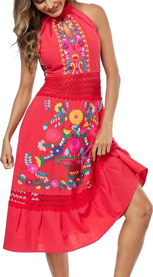 Mexican Dress Embroidered Casual Halter Off Shoulder Maxi Cocktail Dresses Sexy Dress for Women Date Night, XXL