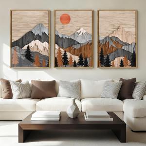 ANHUIB Mountain Wall Art 16x24 Inch Large Forest Wall Decor Woodcut Pine Tree Illustration Nature Wilderness Art Print Abstract Landscape Painting Set of 3 for Living Room Bedroom Office