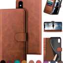 DuckSky for iPhone X/XS Genuine Leather Wallet case RFID Blocking4 Credit Card HolderReal Leather Flip Folio Book Phone case Protective Cover Women Men for Apple XS case Light Brown