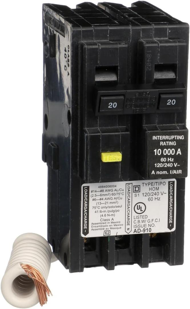 Square D by Schneider Electric Homeline 20 Amp Mini Circuit Breaker, 2 Pole, 120/240V AC, 10kA Breaking Capacity, Plug in Mount, GFCI Class A, Residential Use (HOM220GFIC)