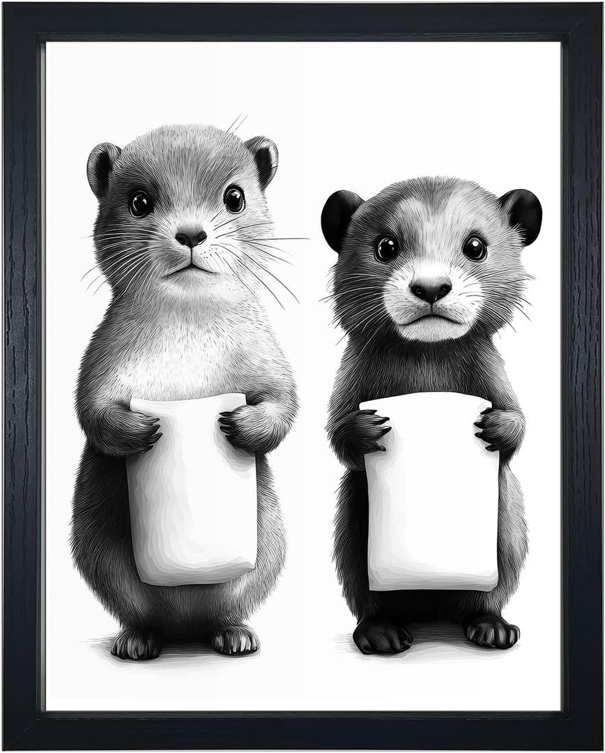 JLXART Funny Bathroom Canvas Wall Art Two Cute Otter Animal Black and White Print for Restroom Toilet Decoration (11x14inch)