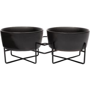 Waggo Simple Solid Double Dog Bowl and Dog Bowl Stand - Double Iron Stand with Double Ceramic Feeder or Water Bowl, Small or Large Dog Elevated Pet Feeder (Matte Black, Medium)