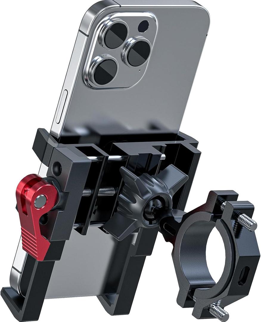 Tiakia Aluminum Bike Phone Mount Holder, [2024 Upgrade] Motorcycle Phone Mount, [1s Lock] Handlebar Mounted Cell Phone Holder, 360 Rotation, Universal Bicycle Phone Mount for 4.5-7 Inch Phones (Upgrade-Black Red)