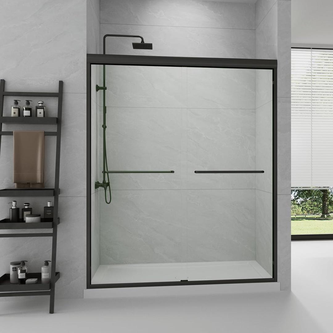 Semi-Frameless Sliding Shower Door W: 60 x H:72 Inches, Bathroom Sliding Door Easy to Install, 1/4 "Clear Glass, Black Hardware Double Sliding Glass Shower Room