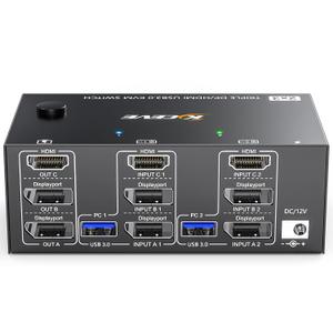 Triple Monitor KVM Switch 3 Monitors 2 Computers 8K@60Hz 4K@144Hz, MLEEDA HDMI+2 Displayport KVM Switch Triple Monitor for 2 Computers Share 3 Monitors and 4 USB3.0 Devices, with Wired Remote, USB Cable