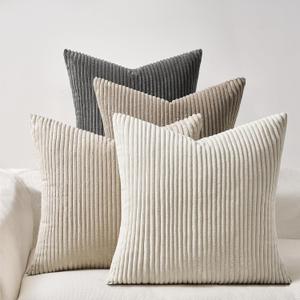 Topfinel 4 Packs Natural Decorative Throw Pillows Covers 22x22 Inch for Living Room Couch Bed Sofa, Rustic Farmhouse Boho Neutral Home Decor, Soft Plush Striped Corduroy Square Cushion Case 40x40 cm