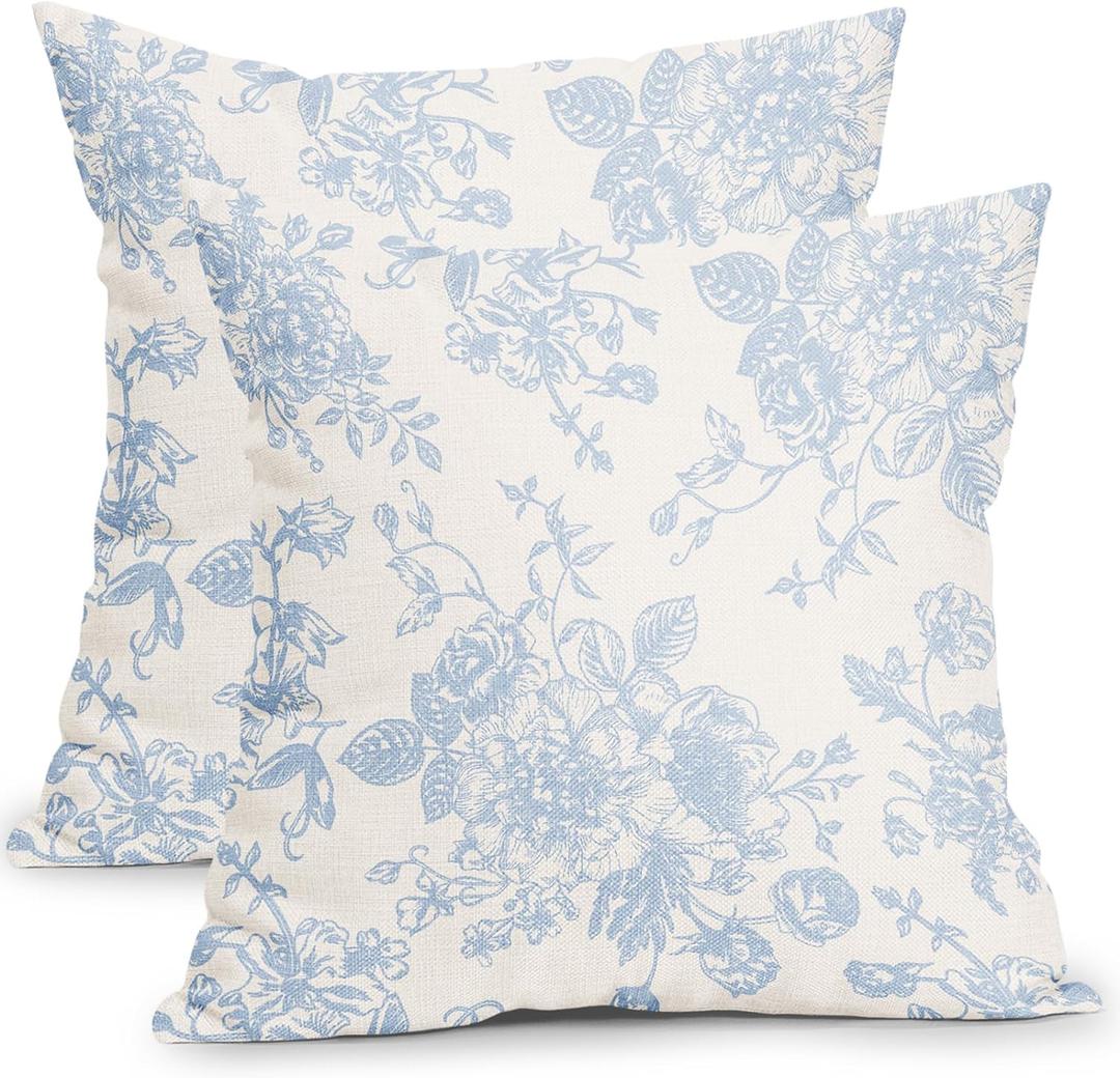 Vintage Floral Pillow Covers 20x20 Inch Set of 2 Baby Blue and Cream Floral Throw Pillow Covers Chinoiserie Flower Pillowcases Rustic Farmhouse Cushion Covers for Couch Home Decor