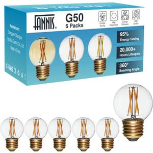 6 Pack G50 E26 Globe LED Light Bulbs Non-Dimmable, G16.5 Small Round Edison Bulb Equivalent 25W 40W Soft Warm White Light 2700K Clear Glass LED Filament Chandelier Ceiling Fan Replacement Bulbs